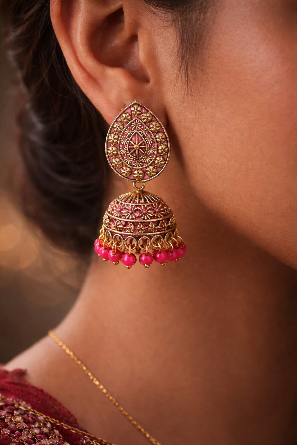 🌑✨ Midnight Blossom Combo Black Leaf Statement Earrings × Antique Pink Jhumkas